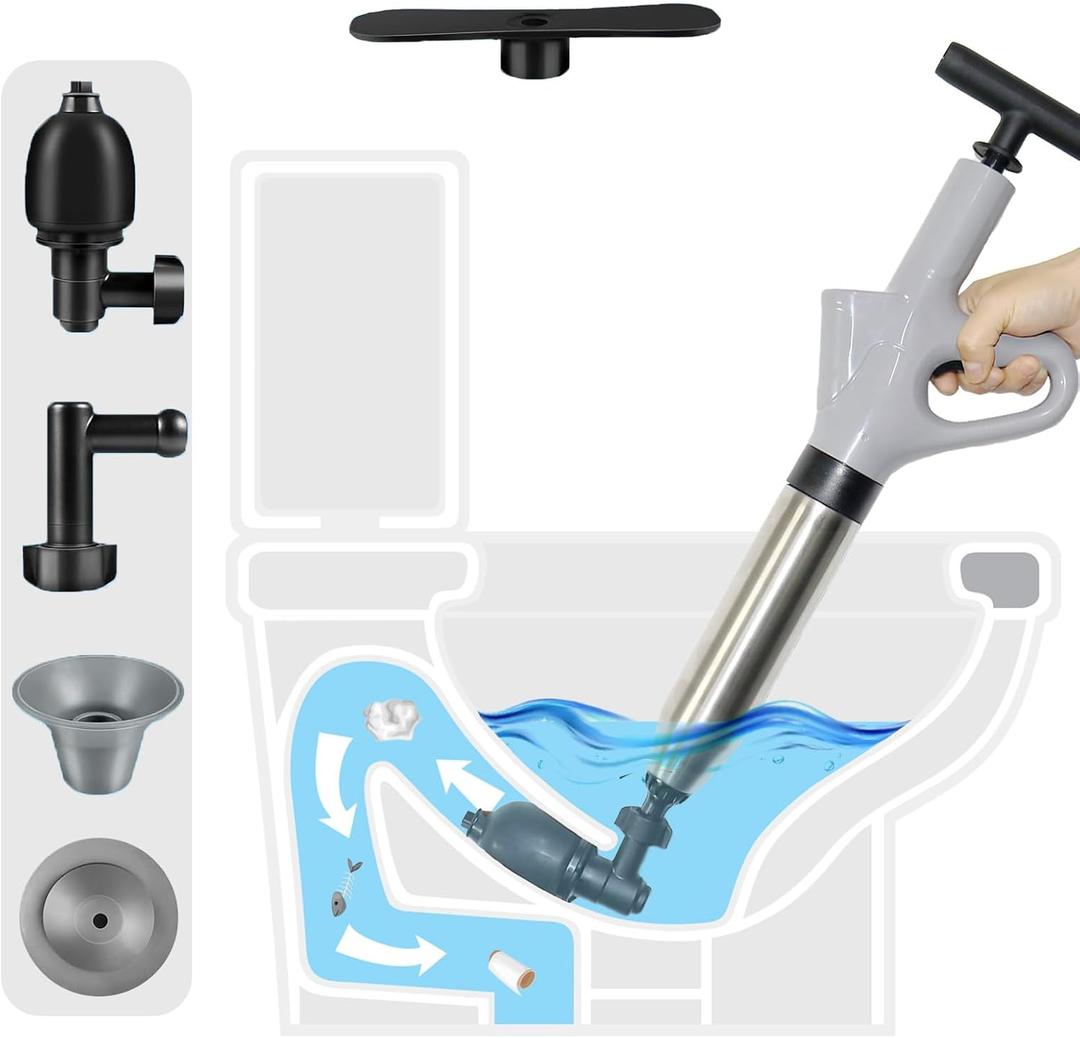 Plunger Toilet Pneumatic Drain Cleaner with Real-Time Air Pressure Gauge, Sewer Snake Clog Removal Tool, High Pressure Sewer Jet Gun for Sink, Bathroom and Kitchen Plumbing (Gray)