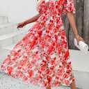 Womens Floral Flowy Wrap V Neck Midi Dress Short Sleeve Elastic Waist Casual Spring Summer Dresses for Women 2025 (S)