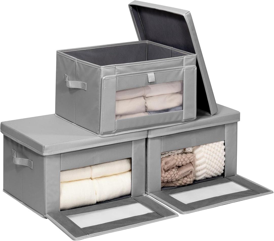 Thick Fabric Storage Bins with Lids, Collapsible Storage Box Closet Shelf with Clear Window, Decorative Baskets for Clothes, 3 Set, Grey, Medium