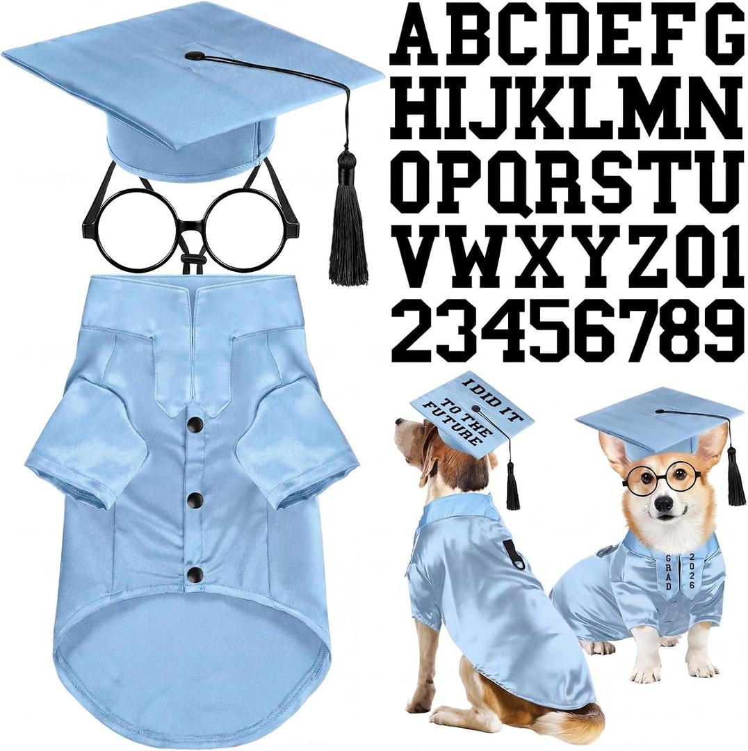 Huhumy 5 Pcs Dog Graduation Costume Set Include 2026 Pet Graduation Gown with Stole Puppy Grad Cap Lensless Glasses DIY Letter Stickers for Dogs Cats Holiday Costume Accessory(Light Blue,L)