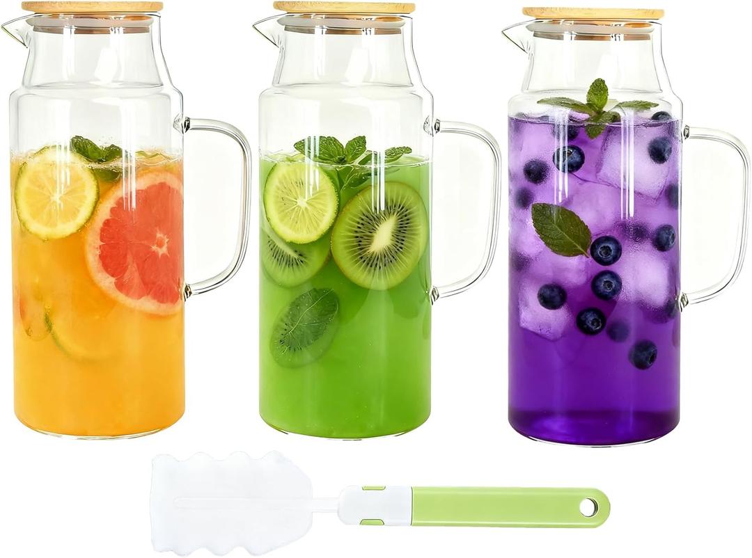 3 Pcs Glass Pitcher with Handle and Bamboo Lid, 68 oz Beverage Carafe Iced Tea Pitchers for Fridge Hot and Cold Water, Coffee Juice and Homemade Drinks