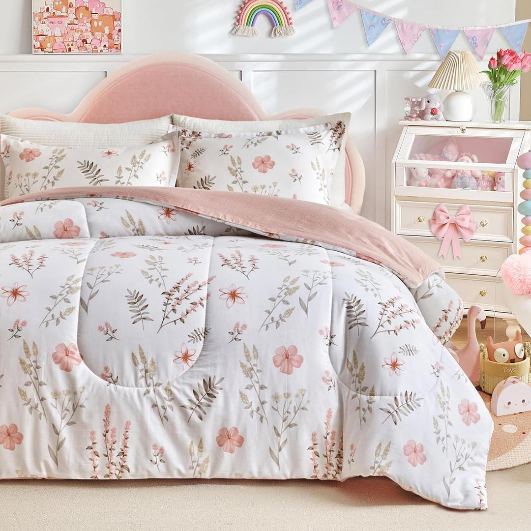 Joyreap 3pcs Floral Cotton Comforter Set for Girls, Pink Flowers n Leaves Botanical Design, Queen Size Soft n Cozy Bedding Comforter Set for All Season- 88x88 inches