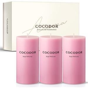 COCODOR Scented Pillar Candles, 3x6 Inch, Rose Perfume, Candle Set of 3, Long Buring 85 Hours, Candles for Weddings, Party, Dinner, Home Decor. (3 x 6)