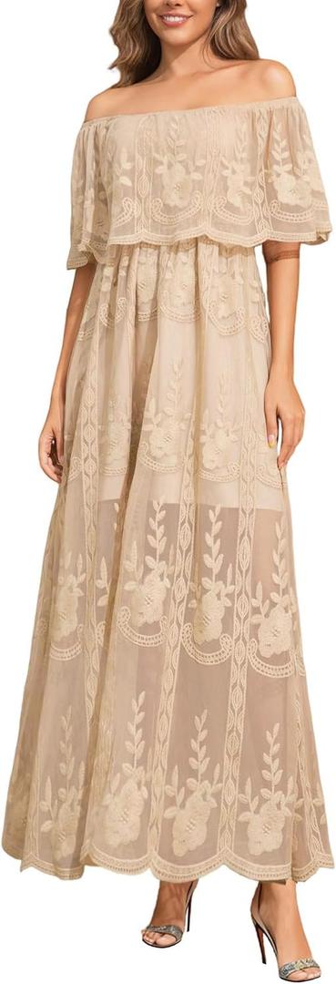 Women's Casual Off Shoulder Lace Maxi Dress Boho White Bridesmaid Wedding Evening Party Dresses (Beige, XXL)