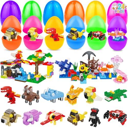 24 Pack Large Easter Eggs Filled with Stem Building Toys for Kids Easter Basket Essential 12 In 1 Sea Animals & Tropical Rainforest Building Blocks Basket Stuffers Fillers Boys Eggs Hunt Party Favor