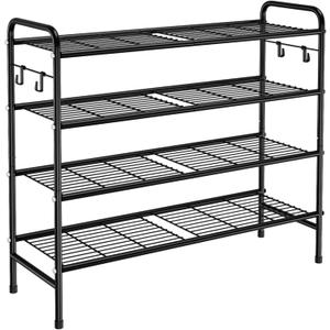 VILICK 4-Tier Shoe Rack 33" Wide Metal Shoe Organizer Long Shoe Storage with 4 Side Hooks Sturdy Shoes Shelf for Closet, Front Door Entrance, Garage, Dorm, Black