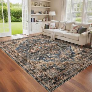 GarveeHome 5x7 Washable Vintage Living Room Area Rug: Vintage Machine Washable Area Rug for Living Room Indoor Large Non-Slip Bedroom Carpet Low Pile Stain Resistant Dining Room Carpet Blue&Brown