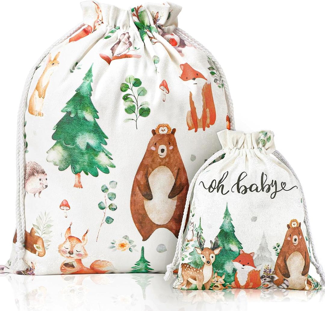 Buryeah 2 Pcs Woodland Animal Baby Shower Drawstring Gift Bags 20/12 Inch Fabric Canvas Party Favor Bags Reusable Gift Wrap for Woodland Baby Shower Gender Reveal Birthday Party
