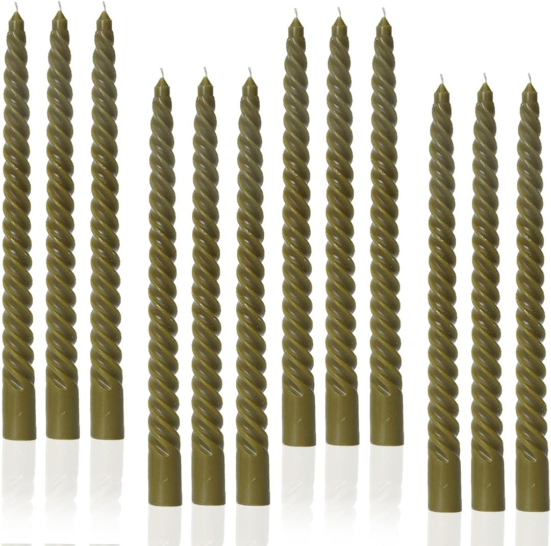 Olive Grenn Tall Taper Candles Spiral Candle Sticks,Unscented Pastel Candle for Holiday,Wedding and Home Decoration,10inch,12 Pack(E-Olive)