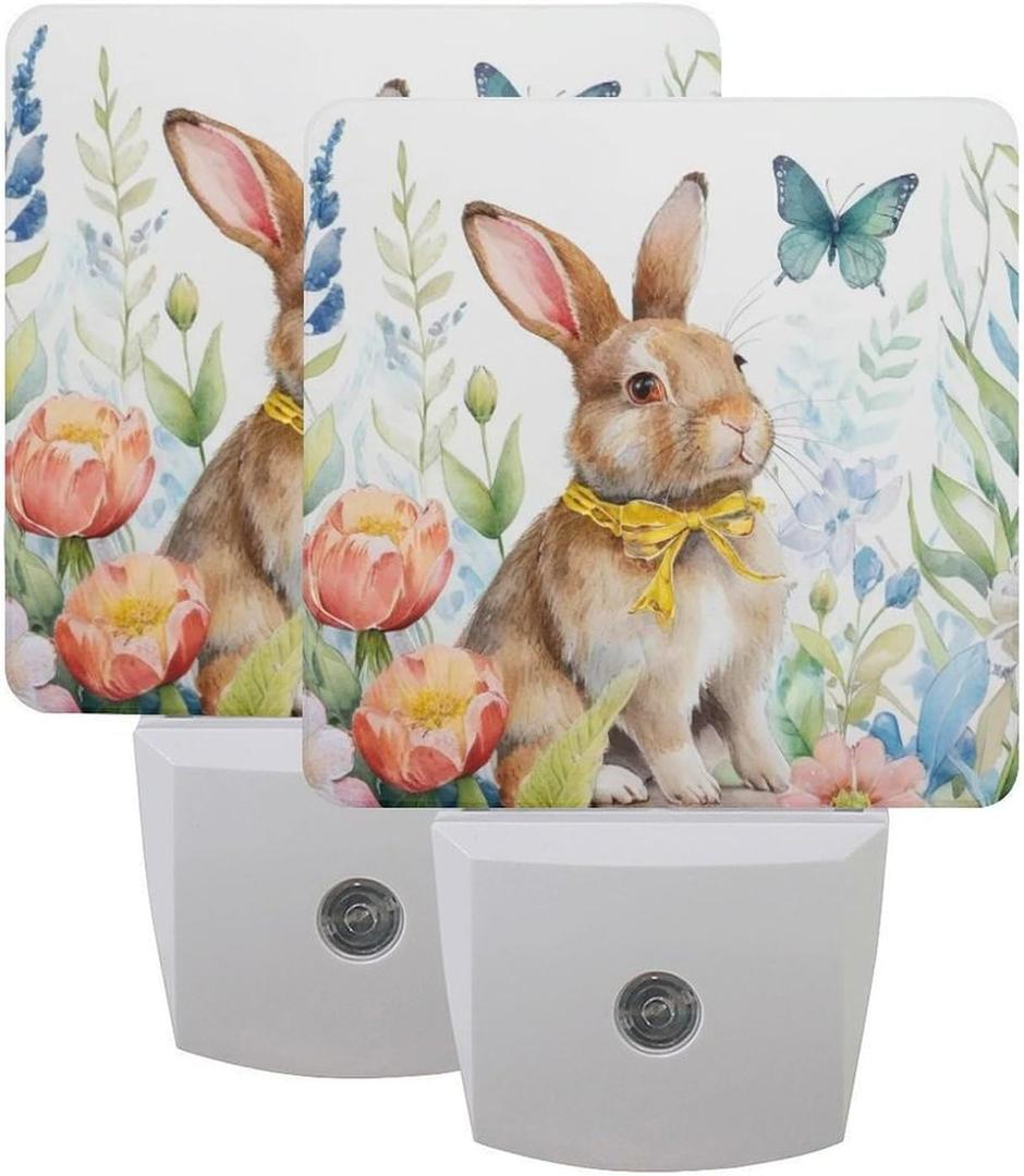 2Pack Easter Night Light Plug-in,The Rabbit in The Flowers Dusk to Dawn Smart Sensor Led Nightlight for Bedroom Bathroom Kitchen Hallway Stairs Energy Efficient Decor Desk Lamp (color-8)