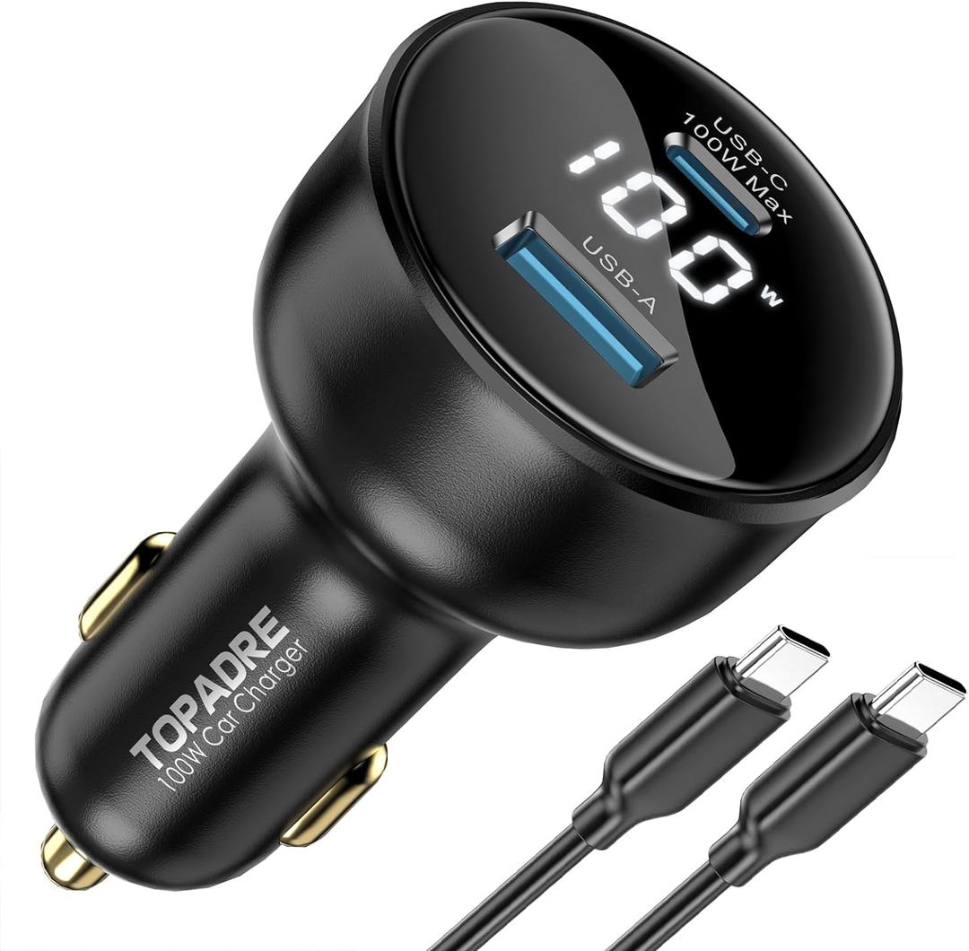 100W USB C Fast Car Charger with Display, PD3.0+QC Type C Car Charger Adapter with 100W USB C Fast Cable, Fast Charging for Laptops, MacBook Pro, iPad, iPhone 16/15/Pro Max, Galaxy S24/S23 Ultra Etc.