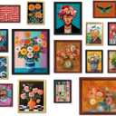 16 PCS Framed Eclectic Wall Art Decor, Mid Century Modern Maximalist Home Gallery Wall Frame Set Prints for Bedroom Bathroom, Colorful Posters for Living Room Aesthetic, Floral Artwork Collage Kit (12"x15" Framed, Maroon)