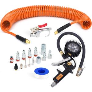 18 Pieces Air Compressor Accessories kit, 1/4 inch x 25 ft Recoil Poly Air Compressor Hose Kit, 1/4" NPT Quick Connect Air Fittings, 100 PSI Tire Inflator Gauge, Heavy Duty Blow Gun