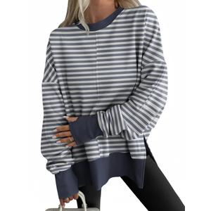 ANRABESS Women Oversized Sweatshirts Thumbhole Long Sleeve Hoodies Shirts 2026 Fall Side Slit Pullover Top Teen Y2k Outfits Grey Blue Striped Large