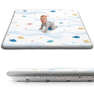 Baby Play Mat for Floor, 1.3-Inch Thickened Foam Soft Padded Coral Velvet Playmat for Tummy Time, 50x50 Water-Repellent Non-Slip Playpen Mat for Toddlers Infant Kids, Cute Little Fish Print