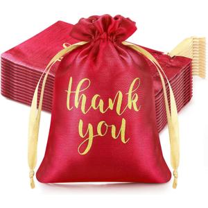 Sieral 50 Pcs Thank You Satin Gift Bags with Drawstring Jewelry Candy Pouches for Mother's Day Wedding Baby Shower Bridal Shower Birthday Party Thank You Bag for Gift Wrap(Red,5 x 7 Inch)