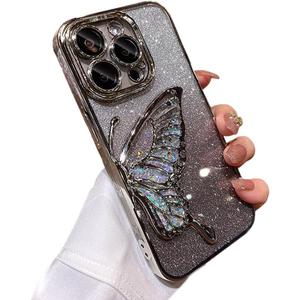 Designed for iPhone Case,Luxury Electroplated Liquid Floating Gradient Glitter Quicksand Butterfly Clear Shockproof Protective Cover Phone Case (Silver,iPhone 13 Pro Max)