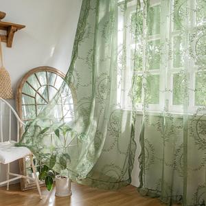 Sutuo Home Olive Green Lace Curtains 84 Inches Long 2 Set, Sheer Panels Rose Floral Embroidery Ruffled Vintage Window Treatment Pair for Nursery Bedroom Living Room, Rod Pocket, W57 x L84