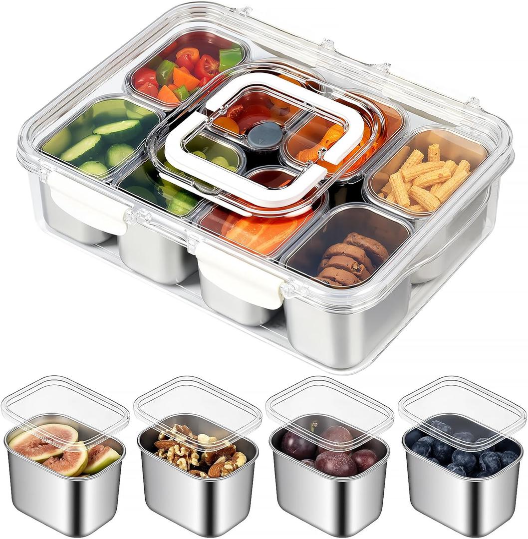 Snackle Box Container, Stainless Steel Divided Serving Tray with Lid and Handle, 8 Compartment Portable Snack Platters - Clear Storage Organizer for Fruit Candy Nuts Veggie - Perfect for Travel Party