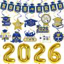 Blue and Gold 2026 Graduation Decorations Set - 2026 Grad Banner, Grad Hanging Swirls and 2026 Foil Balloons for College High School 2026 Graduation Party Decorations Blue and Gold