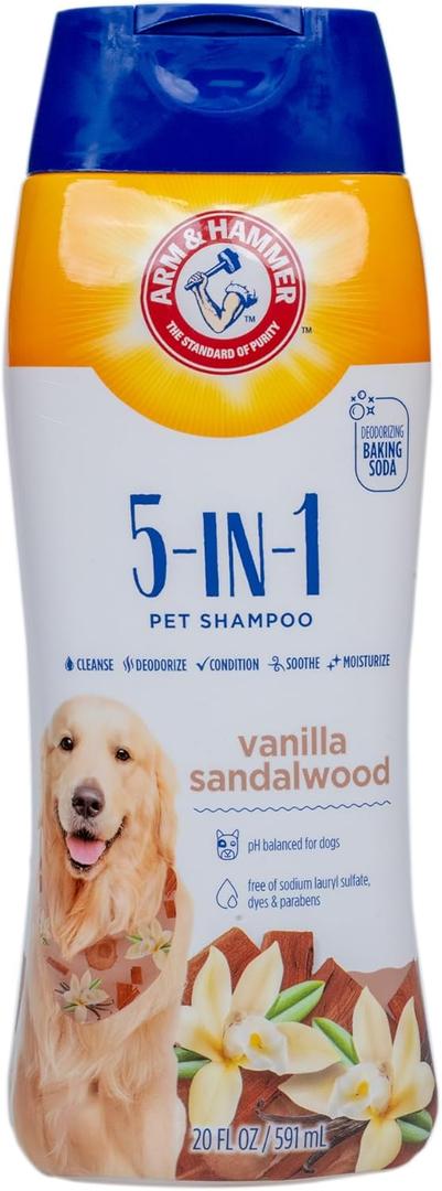 Arm & Hammer for Pets 5-in-1 Pet Shampoo with Conditioner, Vanilla Sandalwood Scent - Deodorizing, Skin Soothing, and Moisturizing Ingredients, Dog Oatmeal Shampoo with Aloe and Shea Butter, 20 Fl Oz