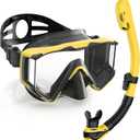 Greatever Snorkel Set Pano 3 Window Snorkel Mask Adult, Panoramic Wide View, Anti-Fog Scuba Diving Mask, Anti-Leak Snorkel Goggles Dry Top Snorkel, Professional Snorkeling Gear for Adults (Black Yellow)