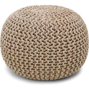 REDEARTH Round Pouf Ottoman - Hand Knitted Cable Boho Poof Home Dcor Pouffe Circular Footrest for Living Room - Nursery - Bedroom - Lounge 100% Cotton (18x18x14) - Beige Ivory