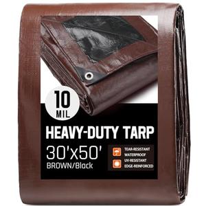 30 x 50 FT Waterproof Heavy Duty Tarp, 10 Mil Thick, Outdoor Furniture Covers, Plastic Insulated Tarpaulin for Camping Tent Roof Boat Patio Pool Cover, Large & Small Multi-Size Tarps, Brown/Black