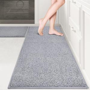 PURRUGS Machine Washable Kitchen Rug Set [2 PCS] (24" x 36"+ 24" x 60"), Non-Slip/Skid Kitchen Runner Rugs & Floor Mats, Super Absorbent Soft Area Rugs for Sink, Kitchen & Laundry, Grey