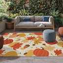 6x9 feet Outdoor Area Rug Non-Slip Carpet, Thanksgiving Fall Maple Leaf and Pumpkin Farmhouse Country Vintage Absorbent Mat Low Pile Rugs for Patio, Backyard, Deck, Picnic, Beach, Camping