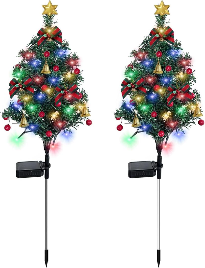 2 Set Solar Christmas Tree Lights Decorations Outdoor Waterproof, 40 LED Lights Christmas Solar Stake Lights Cemetery Christmas Tree for Grave Pathway Outside Garden Yard Lawn (Green)