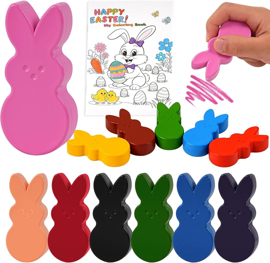 Easter Basket Stuffers for Toddler12 Colors Non-Toxic Washable Bunny Rabbit-Shaped Crayons for Kids with Easter Coloring Book Easter Egg Fillers Hunt, Classroom Games Supplies for Boys Teens