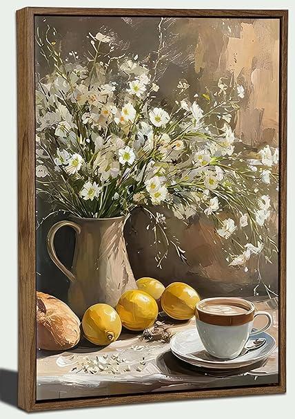 Floating Framed Vintage Floral Still Canvas Wall Art Lemon Kitchen Coffee Painting Picture Wall Decor Neutral Daisy Rustic Country Poster Print Artwork for Kitchen Livingroom Home Decoration