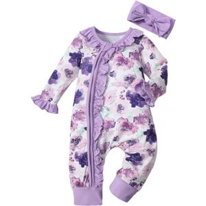 Infant Newborn Baby Girl Clothes Onesies for Baby Girl Long Sleeve Ruffle Baby Clothes with Headband (Preemie, Purple Flower) PR