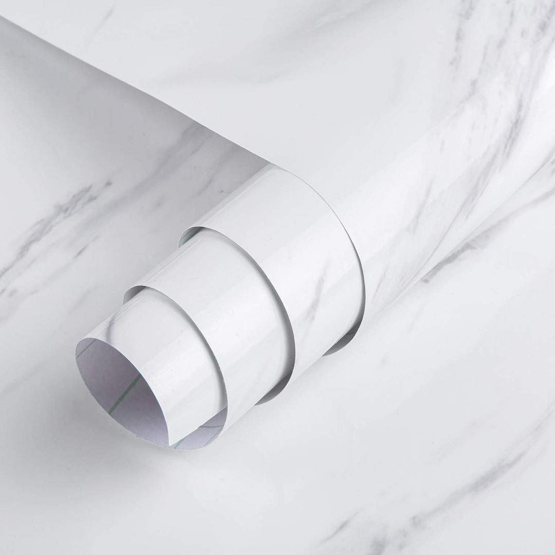 TOTIO Wide Milk White Marble Wallpaper Peel Stick 24x394inch Glossy Thicken Waterproof Adhesive White Granite Textured Countertop Contact Paper DIY Vinyl Wall Sticker for Kitchen Bathroom [Jazz White] (24" x 394", Milk White+gray)