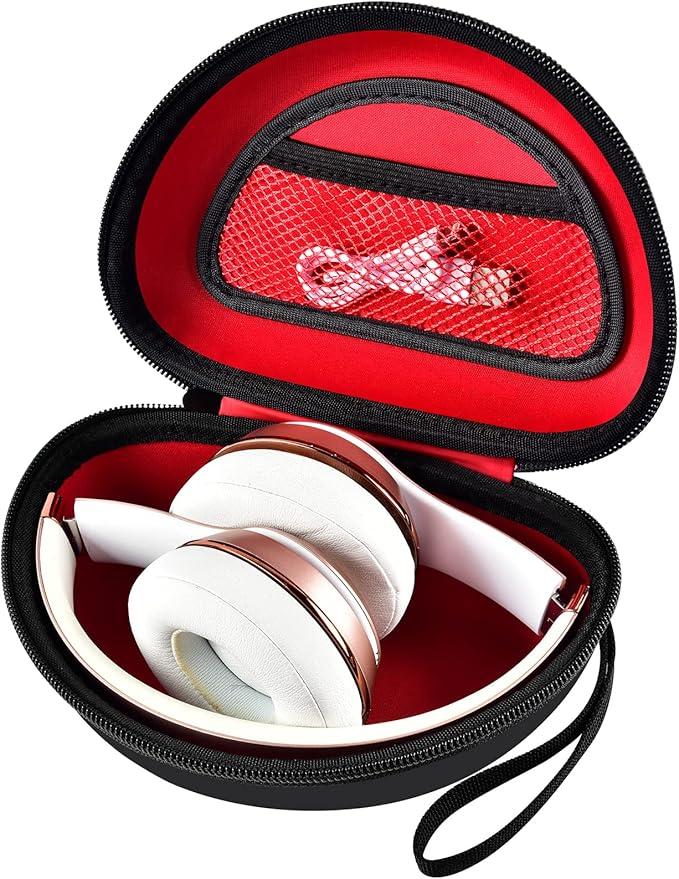 Hard Travel Case Compatible with Beats Solo 4, Studio Pro, Solo3, Studio3, Solo2, Solo Pro - Protective Storage Box with Mesh Pocket for Bluetooth Headphones Headset (Black+Inside Red)