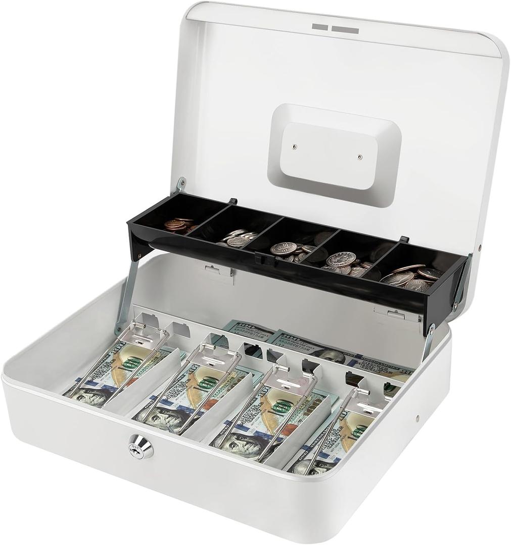 Jssmst Locking Large Metal Cash Box with Money Tray, Money Box with Key Lock, White, SM-CB0504L