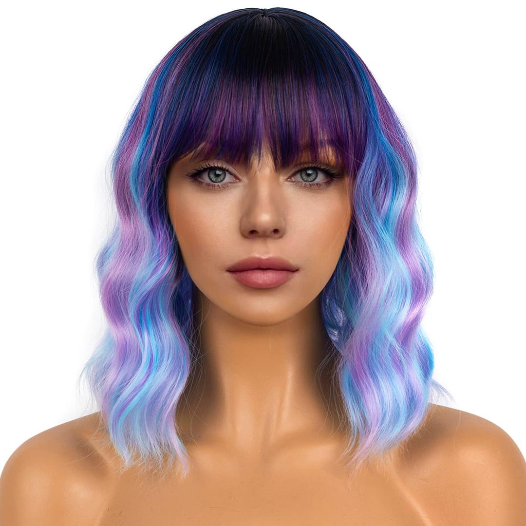 Colourful Short Bob Wigs with Bangs for Women Loose Wavy Wig Curly Wavy Shoulder Length Bob Synthetic Cosplay Wig for Girl Colorful Costume Wigs (Colourful-1)