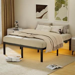 18 Inch Queen Size Metal Bed Frame with LED Lights, USB & Type-C Charging Station, 18 Inch Heavy Duty Steel Platform, Noise-Free, No Box Spring Needed