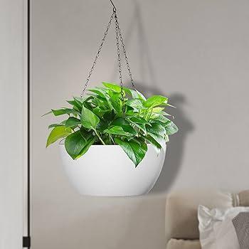 13 inch Large Hanging Planters Plant Pots for Outdoor Indoor Plants with Drainage Holes and Chain, 1 Pack Round Hanging Flower Pots for Garden Home Porch Decor, White