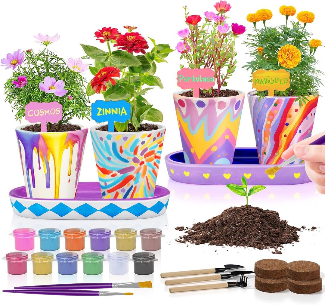 4 Set Paint & Plant Flower Gardening Kit - Gifts for Girls Ages 8-12, Arts and Crafts for Kids Ages 8-12, Kids Gardening Set, Birthday Toys Easter Gifts for Girls Boys Ages 4 5 6 7 8 9 10 11 12