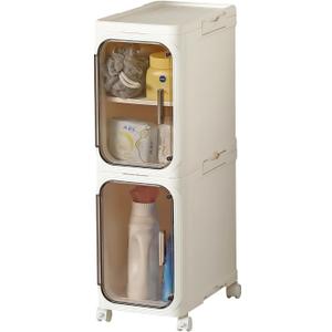 Slim Bathroom Storage Cabinet with Wheels, Thin Bathroom Narrow Storage Cabinet for Small Space in Bathroom, Kitchen, Laundry, Pantry, Cream (2 Tier)