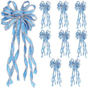 SY Super Bang 8 Pcs Lake Blue/Sliver Velvet Christmas Bows for Christmas Tree Decorations Door Wreath Garland Bow Ornaments, for Gift Wrapping Wedding Home Holiday Party Decor.