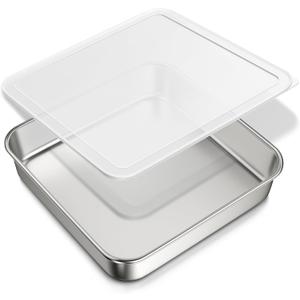 8 x 8-Inch Baking Pan with lid, 304 Stainless Steel Square Cake Pan, Commercial Grade Bakeware for Cakes Brownies Casseroles, Thicker Rectangle Sheet Cake Pans, Non-toxic & Heavy Duty &Dishwasher Safe
