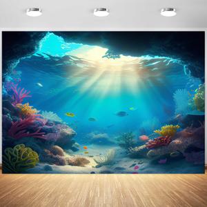 7x5ft Under The Sea Backdrop Underwater Blue Ocean Fish Coral Photography Background Kids Birthday Baby Shower Party Banner Cake Table Decorations Supplies Photo Booth Props