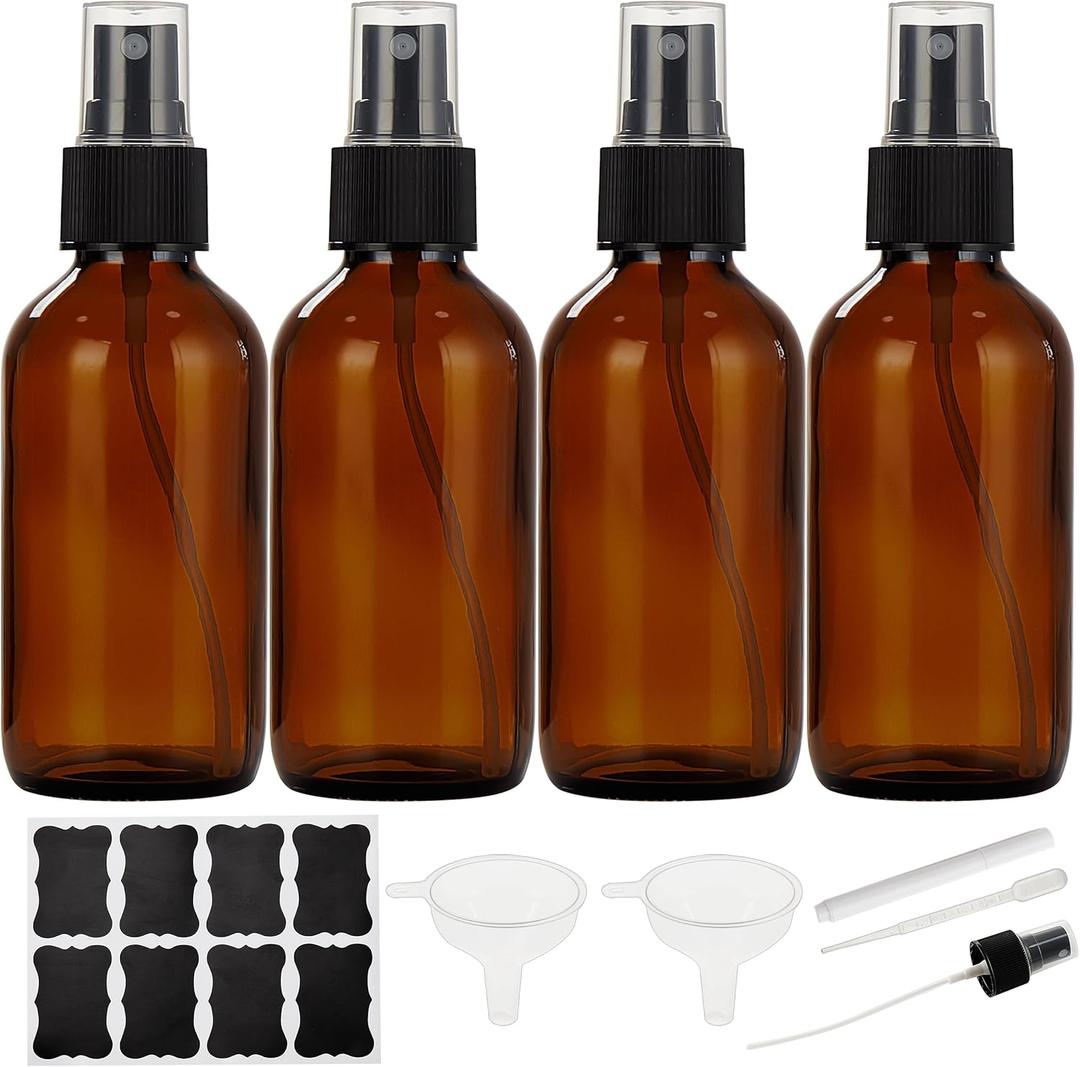 Dark Amber Glass Spray Bottles 4 oz, Small Glass Spray Bottles for Essential Oils, Fine Mist for Face, Hair, Plants, Travel, Perfumes, Cleaning Solutions - 4 Pack