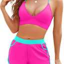 Jolefille High Waitsed Bikini Sets for Women Two Piece Swimsuit Tummy Control Bathing Suit Shorts V Neck Top Lace Up (Medium, Hotpink Colorblock Swimwear)