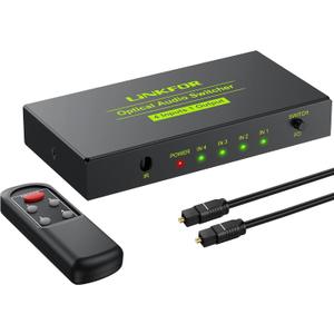 LiNKFOR Digital Toslink Optical 4x1 Switch with 3ft Optical Cable and IR Remote Control Aluminum Alloy Digital Audio SPDIF Toslink Optical Fiber Switcher 4 in 1 Out for PS3 Xbox Blue-Ray DVD HDTV