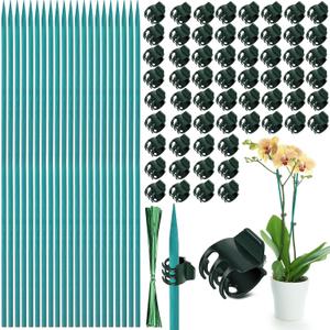 30 Pcs Plant Support Stakes Kit 15 Inch Bamboo Plant Stakes with 50 Pieces Orchid Clips Plastic Garden Plants Clips, 30 Pcs Metallic Twist Ties for Garden Supporting Stems Vines Stalks Grow Upright