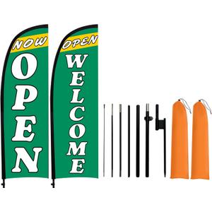 8.2 ft Now Open Flags Signs for Grand Opening Banner Advertising Business, Feather Flag with Pole Kit and Ground Stake, Yard Sign Banner Flagpole Posts for Outside 2 Set Green